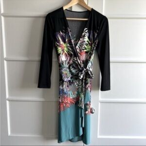 BCBG Black and Teal Floral Long Sleeve Adele Dress